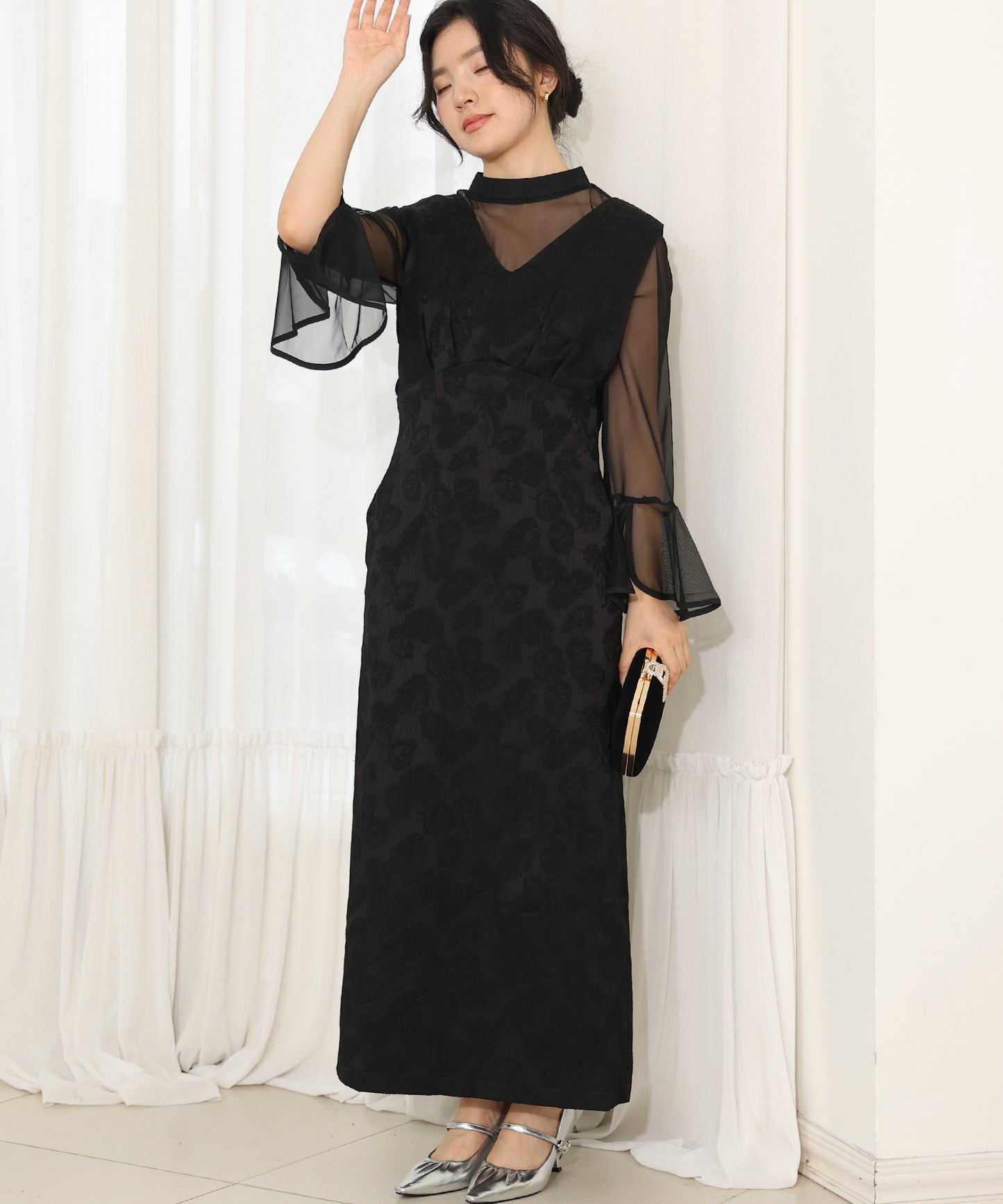 ボタニカル柄 ジャガード シアー レイヤード ロング ドレス