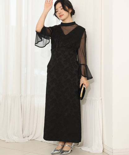 ボタニカル柄 ジャガード シアー レイヤード ロング ドレス