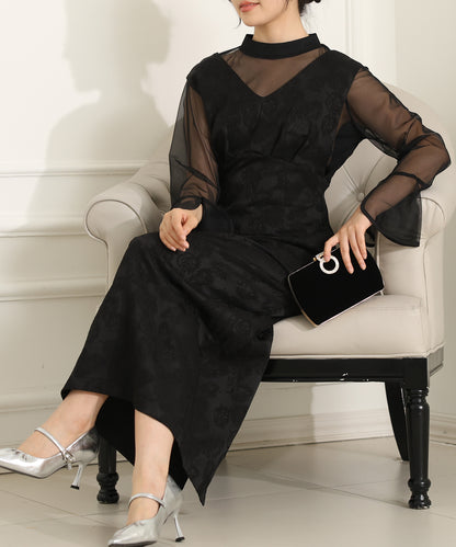 ボタニカル柄 ジャガード シアー レイヤード ロング ドレス