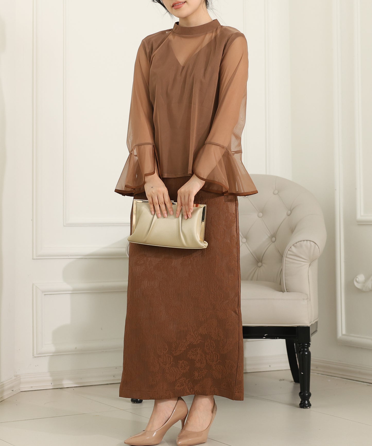 ボタニカル柄 ジャガード シアー レイヤード ロング ドレス