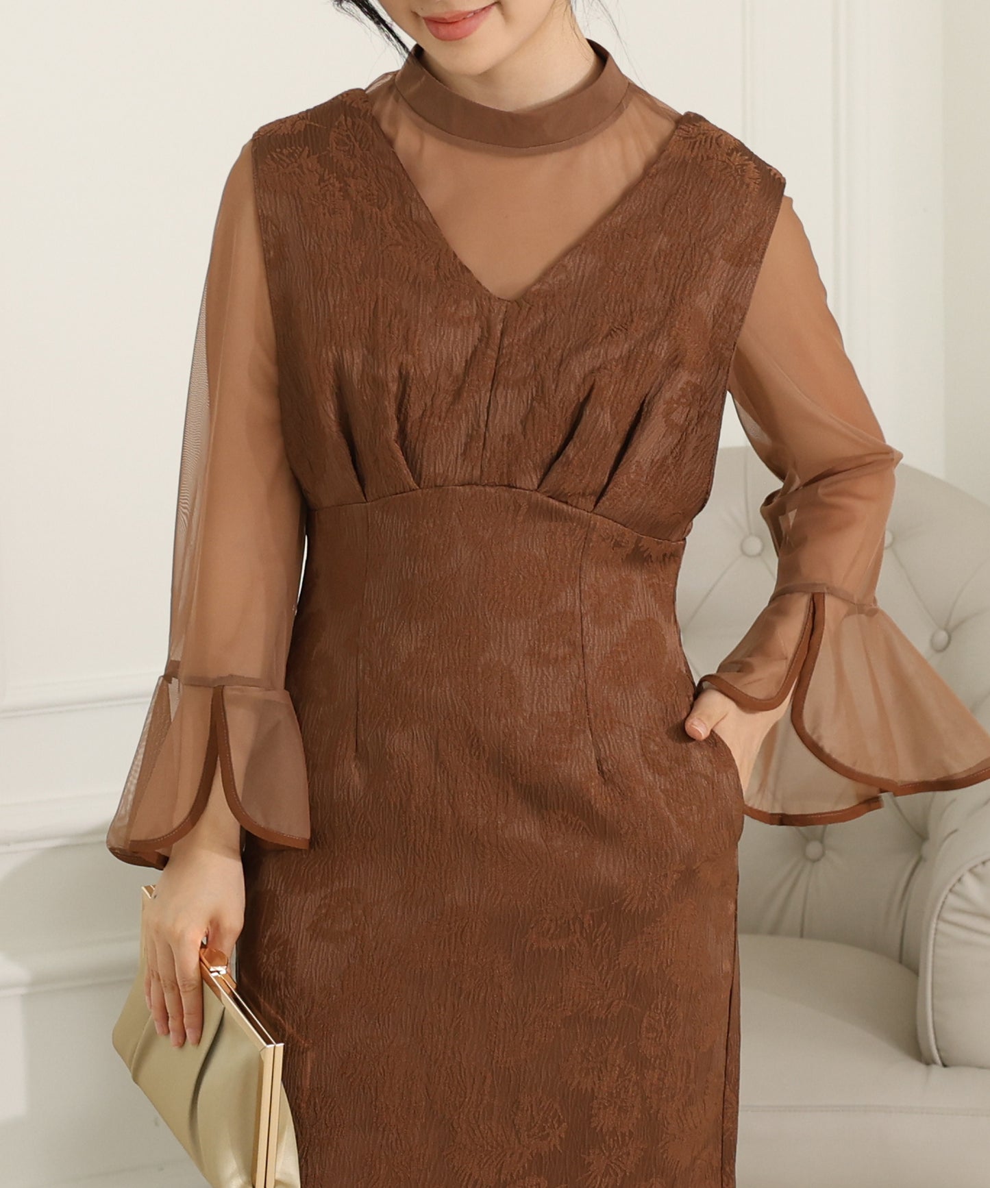 ボタニカル柄 ジャガード シアー レイヤード ロング ドレス