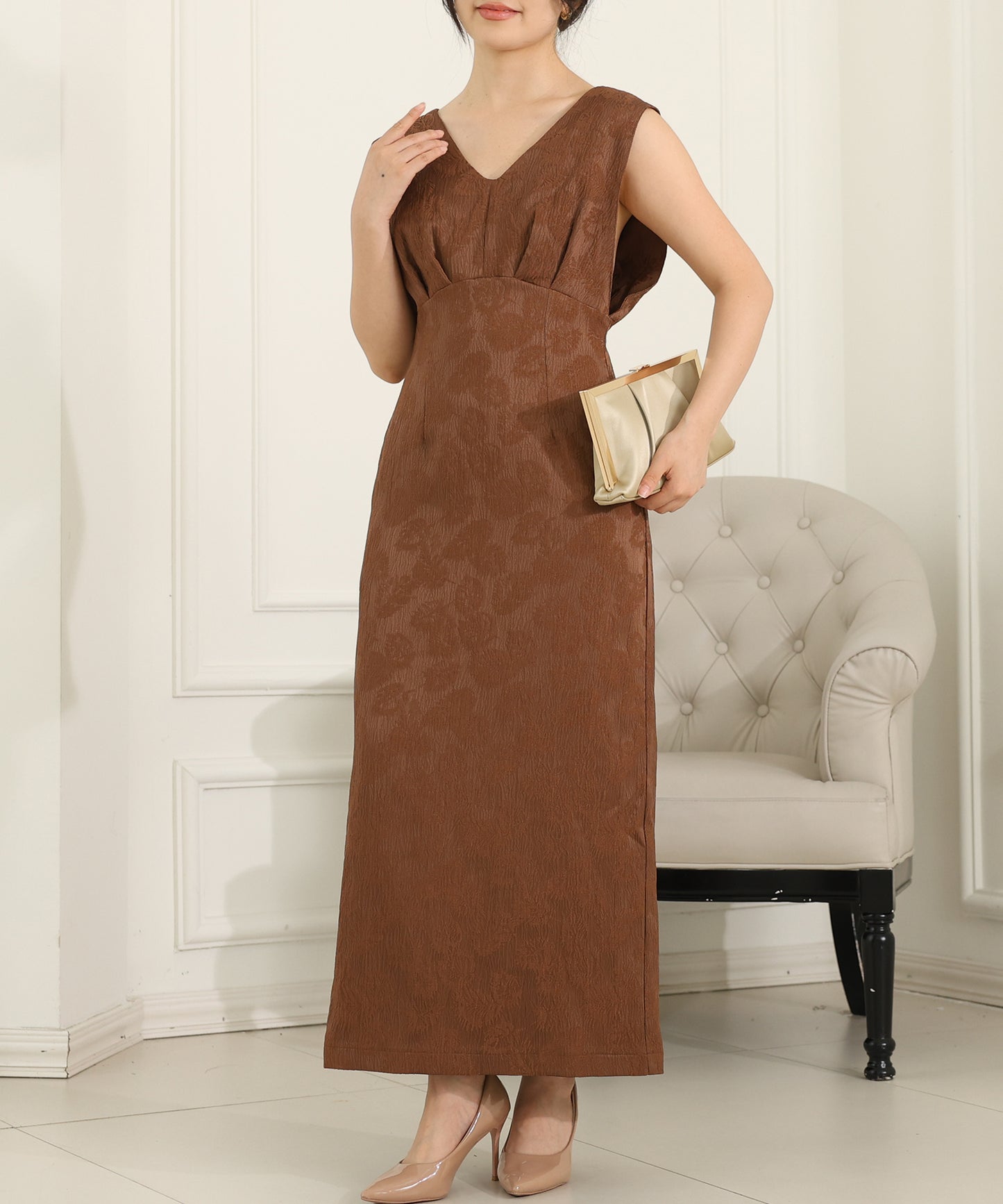 ボタニカル柄 ジャガード シアー レイヤード ロング ドレス