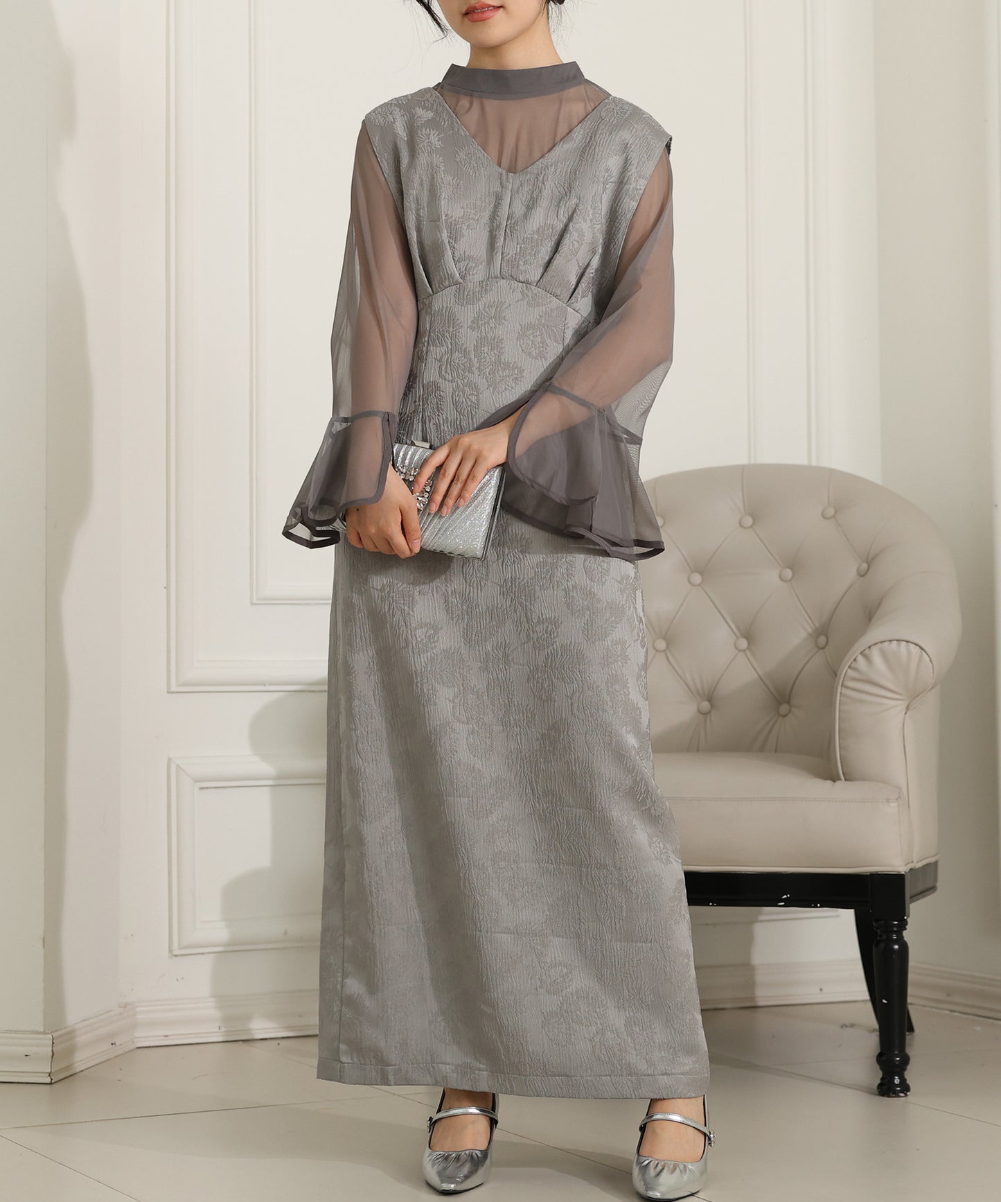 ボタニカル柄 ジャガード シアー レイヤード ロング ドレス