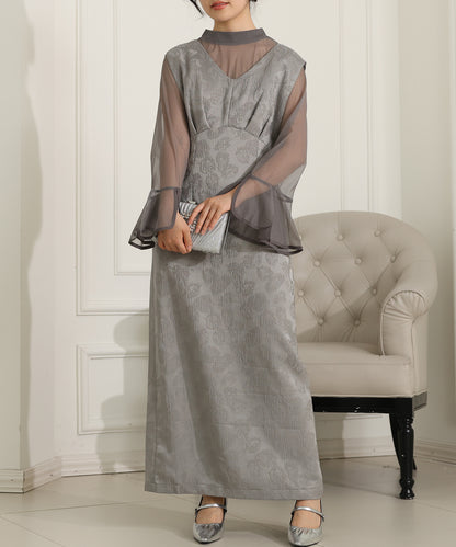 ボタニカル柄 ジャガード シアー レイヤード ロング ドレス