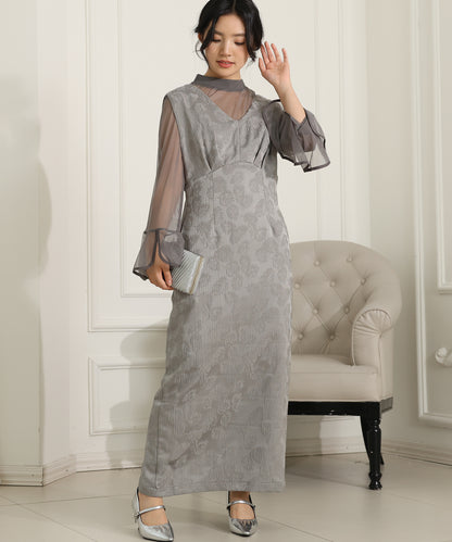 ボタニカル柄 ジャガード シアー レイヤード ロング ドレス