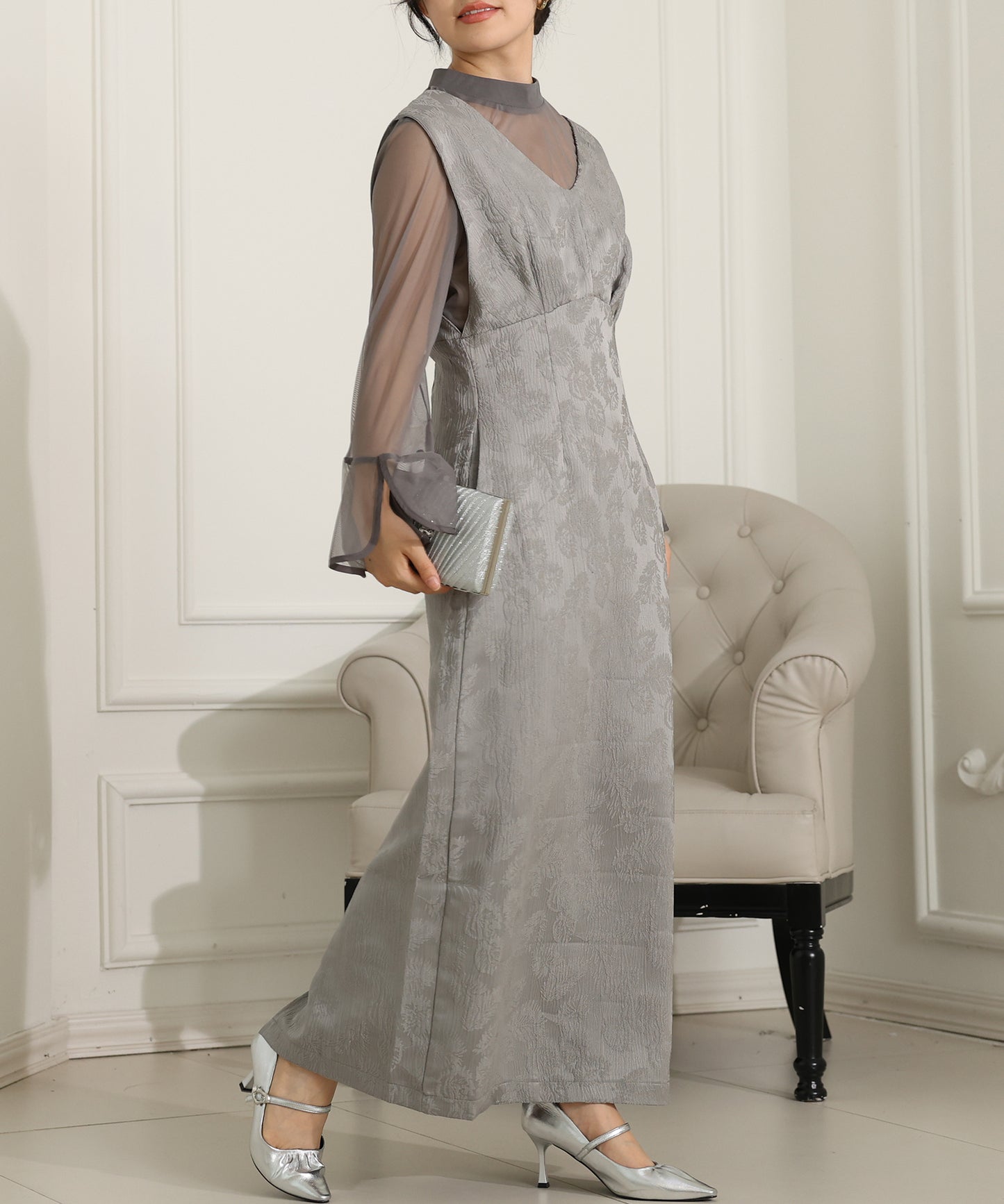 ボタニカル柄 ジャガード シアー レイヤード ロング ドレス