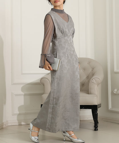 ボタニカル柄 ジャガード シアー レイヤード ロング ドレス