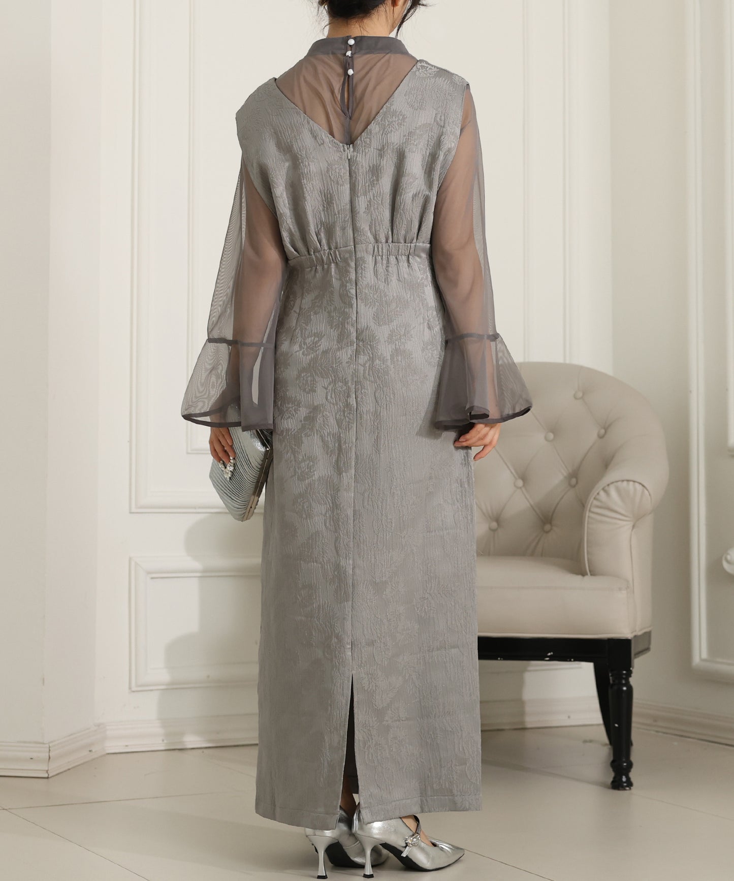 ボタニカル柄 ジャガード シアー レイヤード ロング ドレス