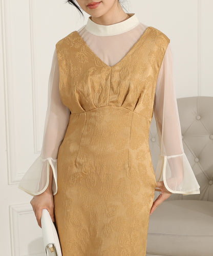 ボタニカル柄 ジャガード シアー レイヤード ロング ドレス