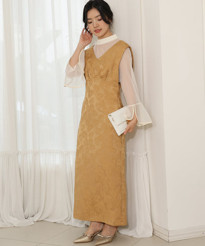 ボタニカル柄 ジャガード シアー レイヤード ロング ドレス