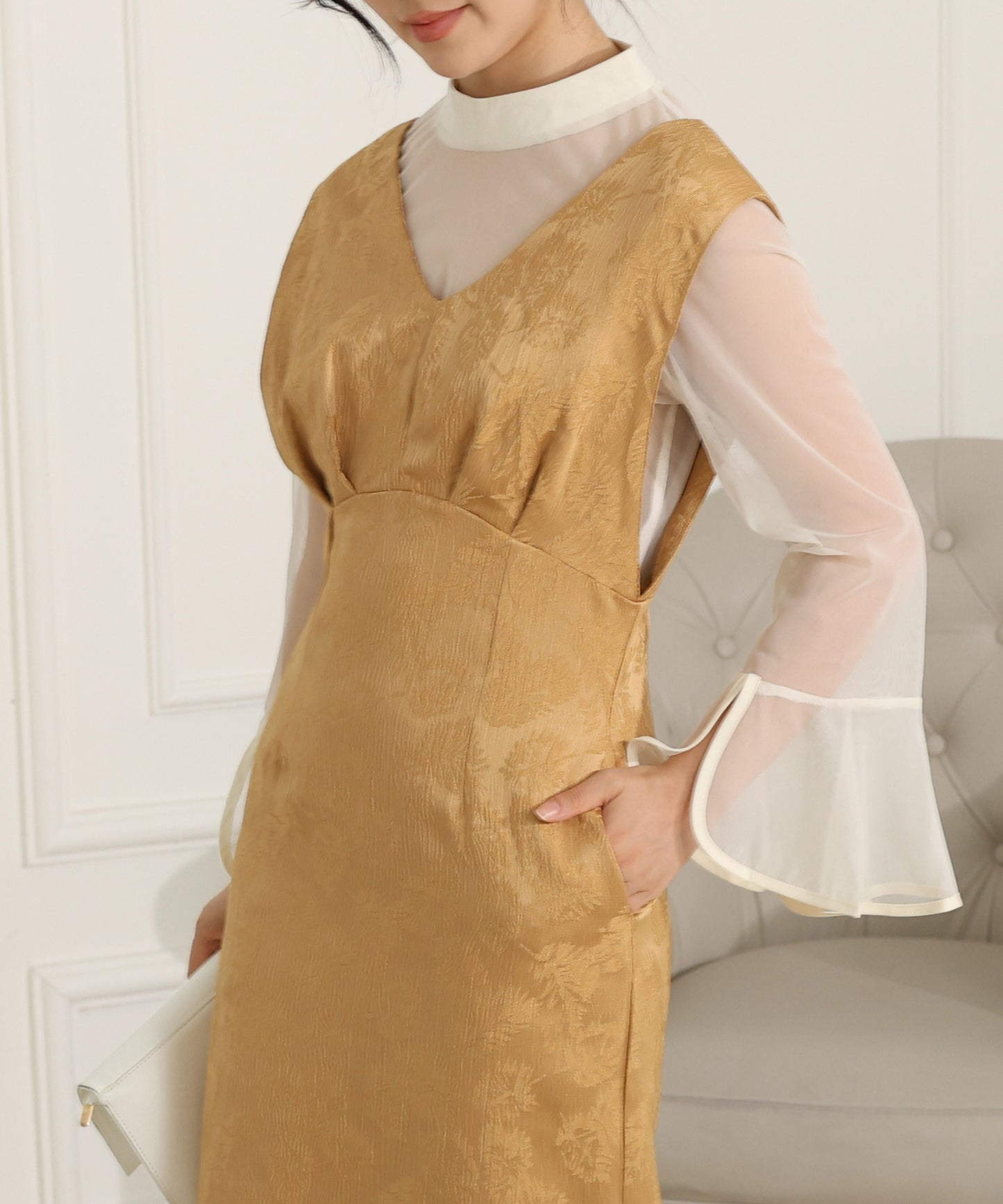 ボタニカル柄 ジャガード シアー レイヤード ロング ドレス