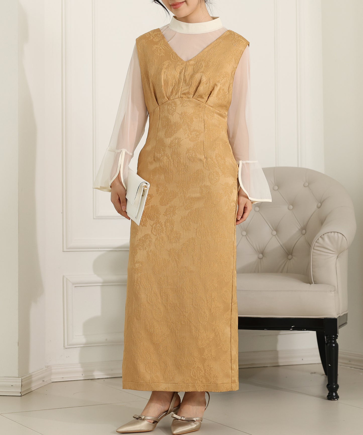 ボタニカル柄 ジャガード シアー レイヤード ロング ドレス