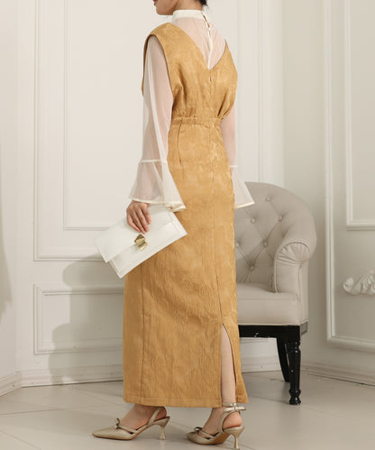 ボタニカル柄 ジャガード シアー レイヤード ロング ドレス