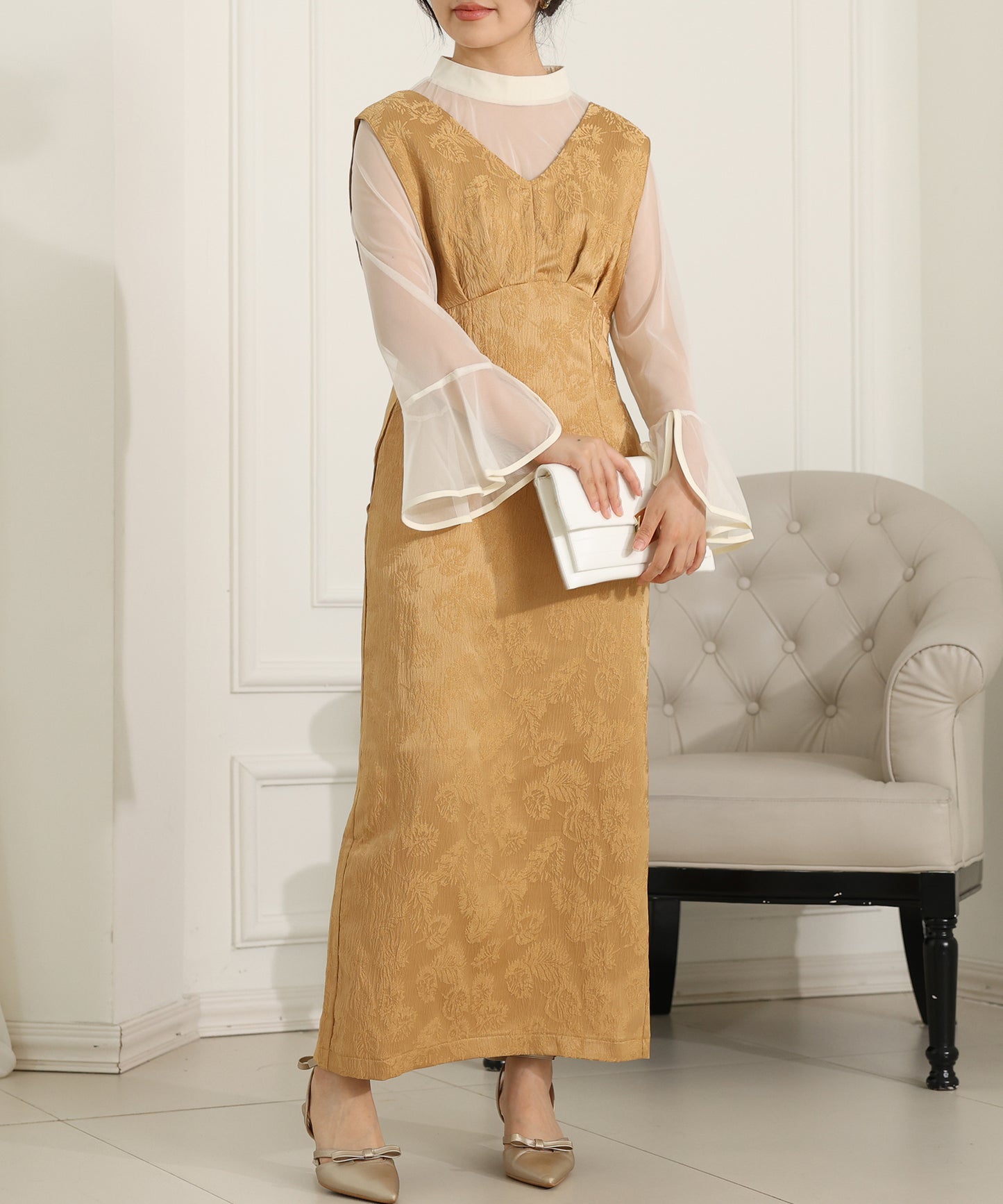 ボタニカル柄 ジャガード シアー レイヤード ロング ドレス