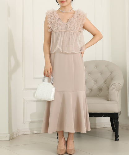 オーガンジー フリル ペプラム レイヤード ロング ドレス