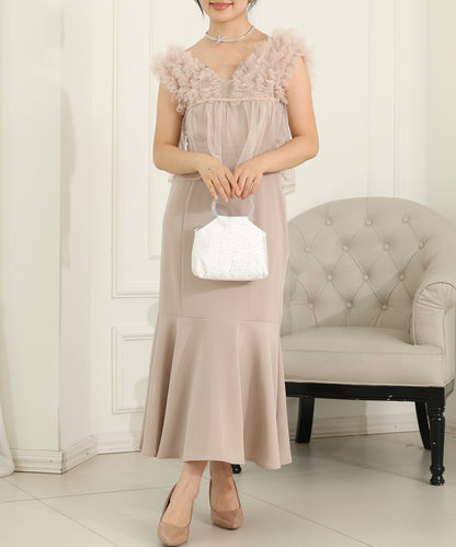 オーガンジー フリル ペプラム レイヤード ロング ドレス