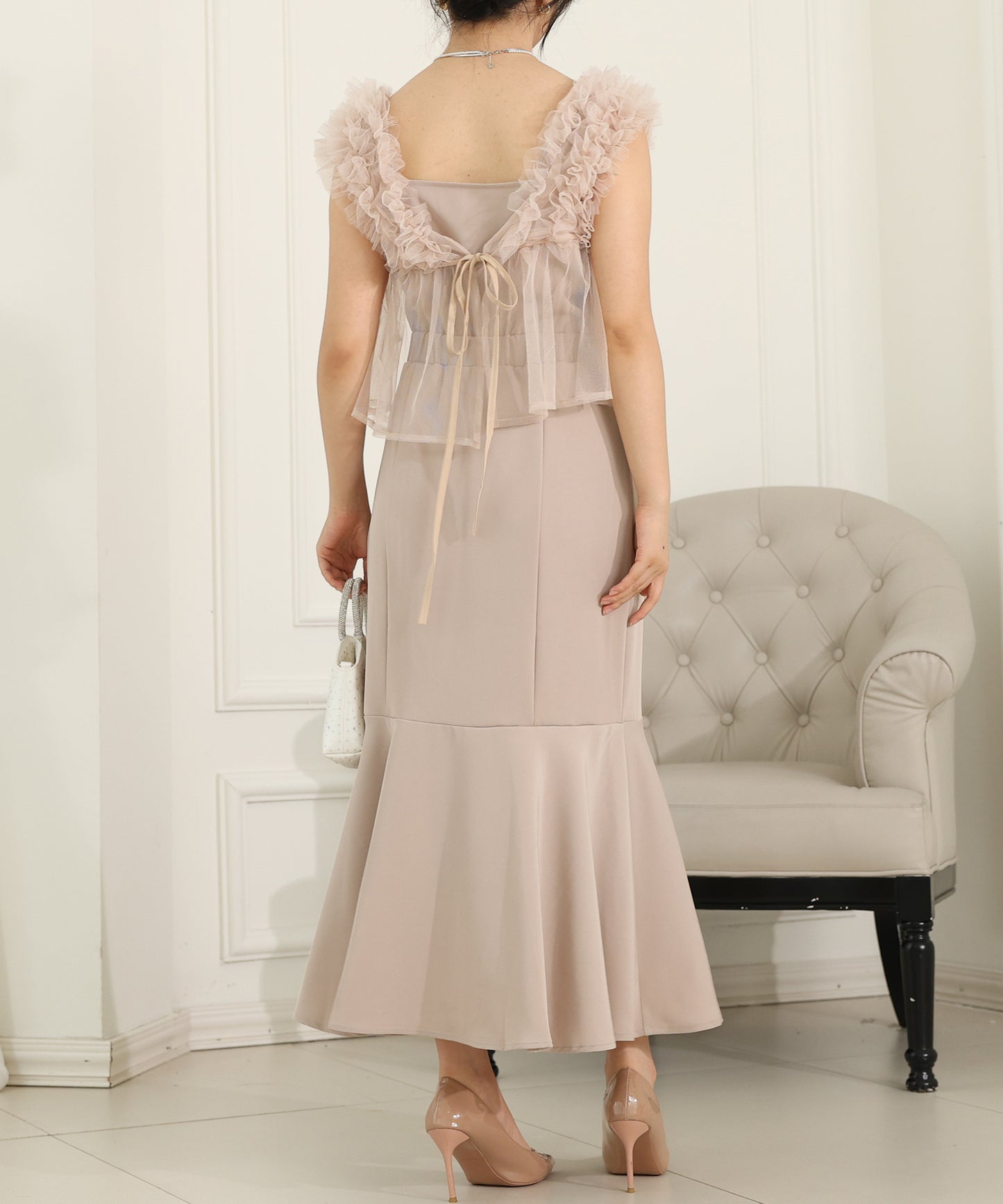 オーガンジー フリル ペプラム レイヤード ロング ドレス