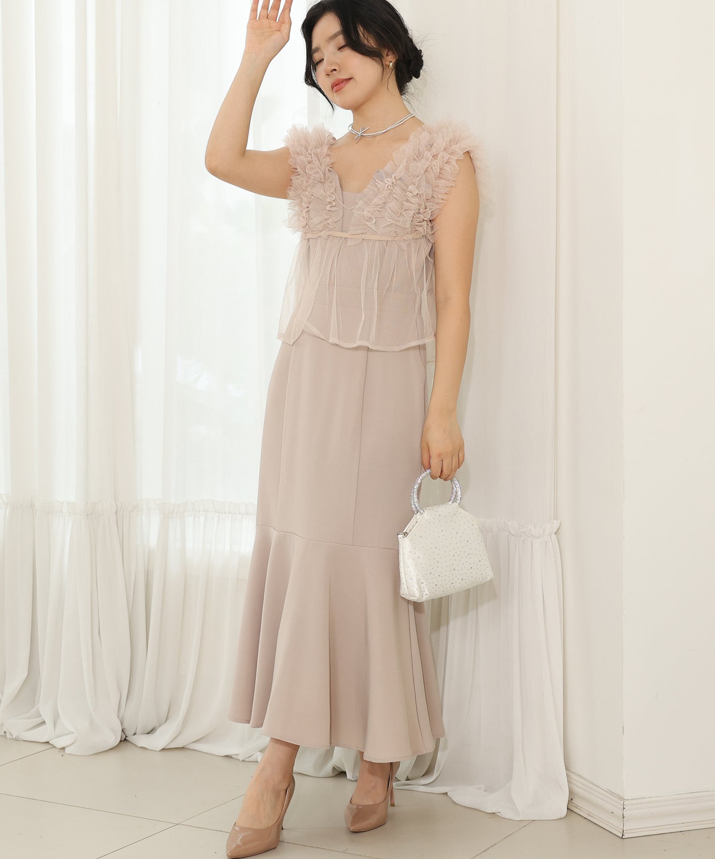 オーガンジー フリル ペプラム レイヤード ロング ドレス