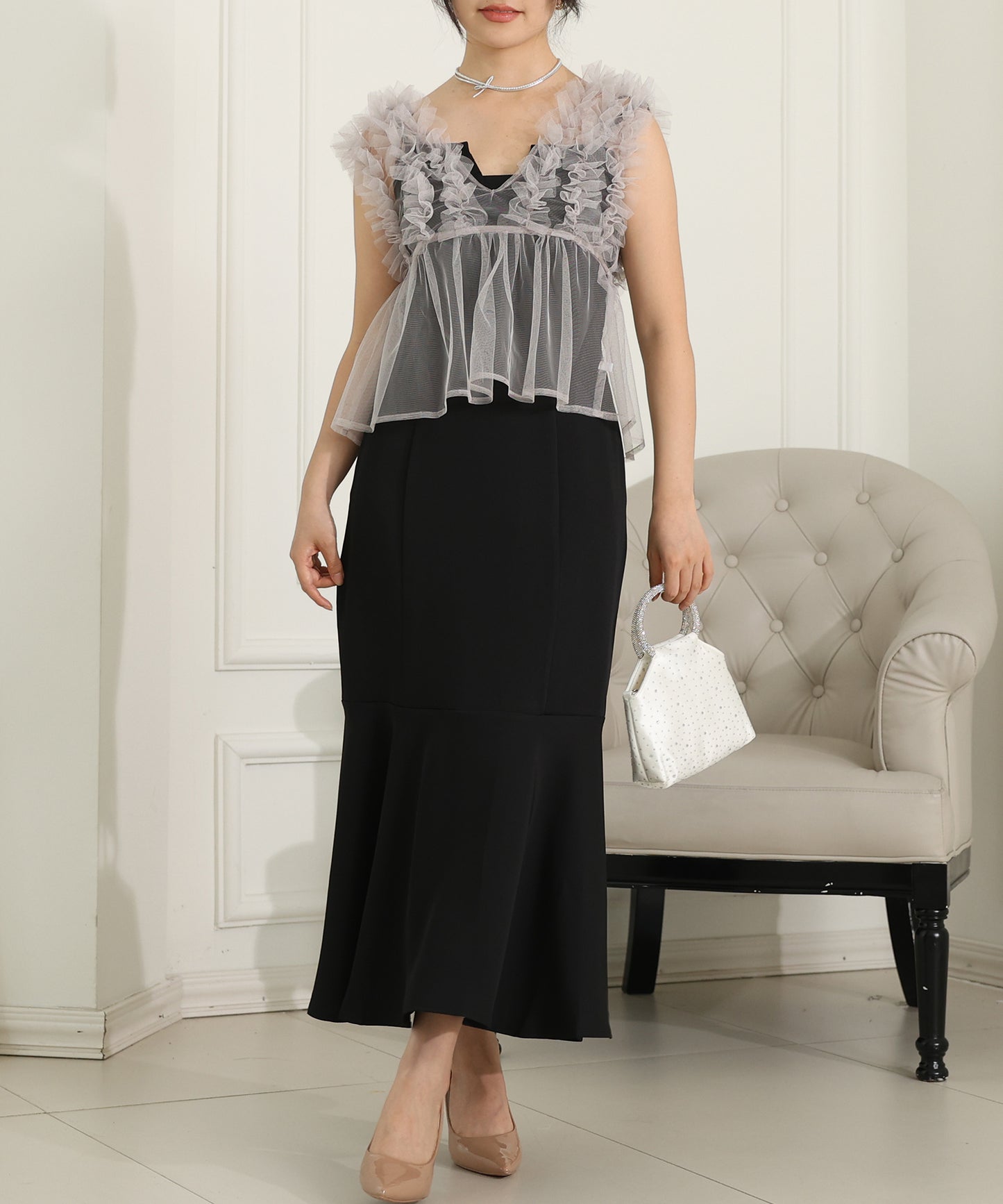 オーガンジー フリル ペプラム レイヤード ロング ドレス