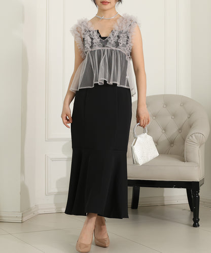 オーガンジー フリル ペプラム レイヤード ロング ドレス