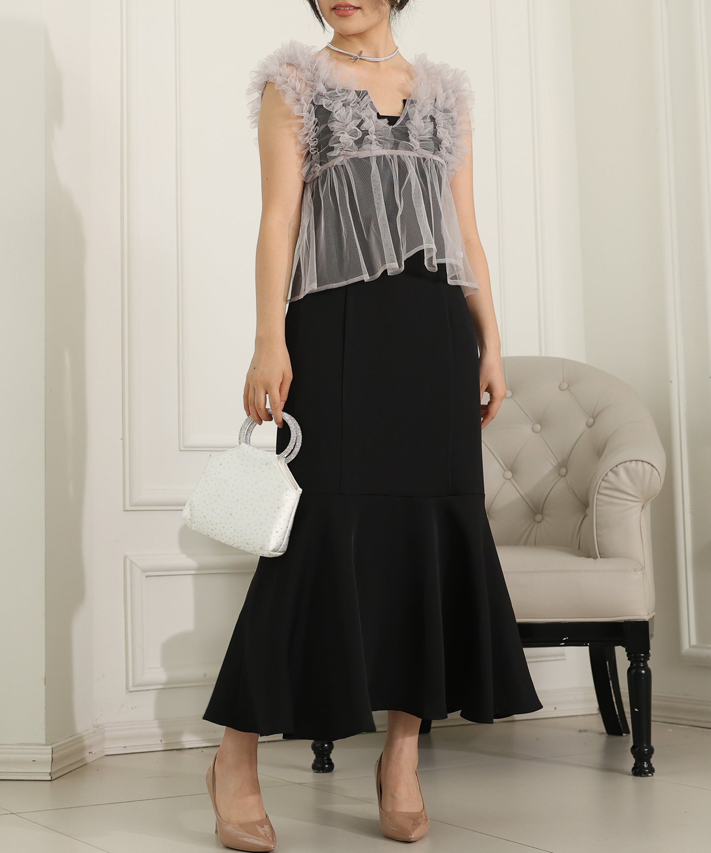 オーガンジー フリル ペプラム レイヤード ロング ドレス