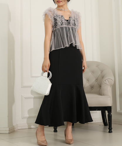 オーガンジー フリル ペプラム レイヤード ロング ドレス