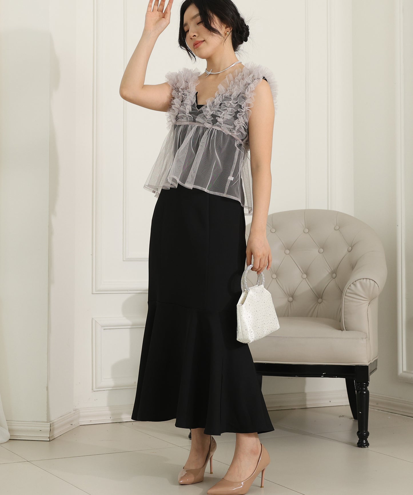 オーガンジー フリル ペプラム レイヤード ロング ドレス