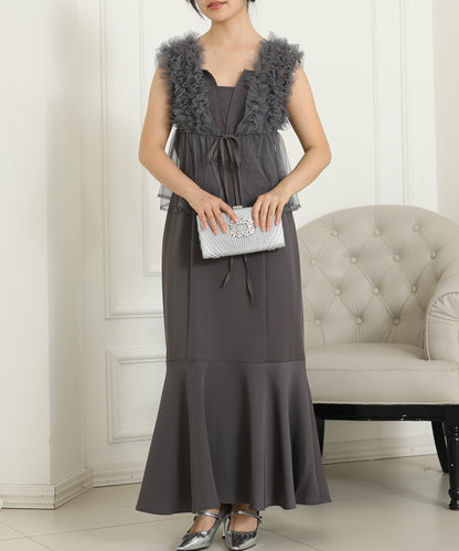 オーガンジー フリル ペプラム レイヤード ロング ドレス