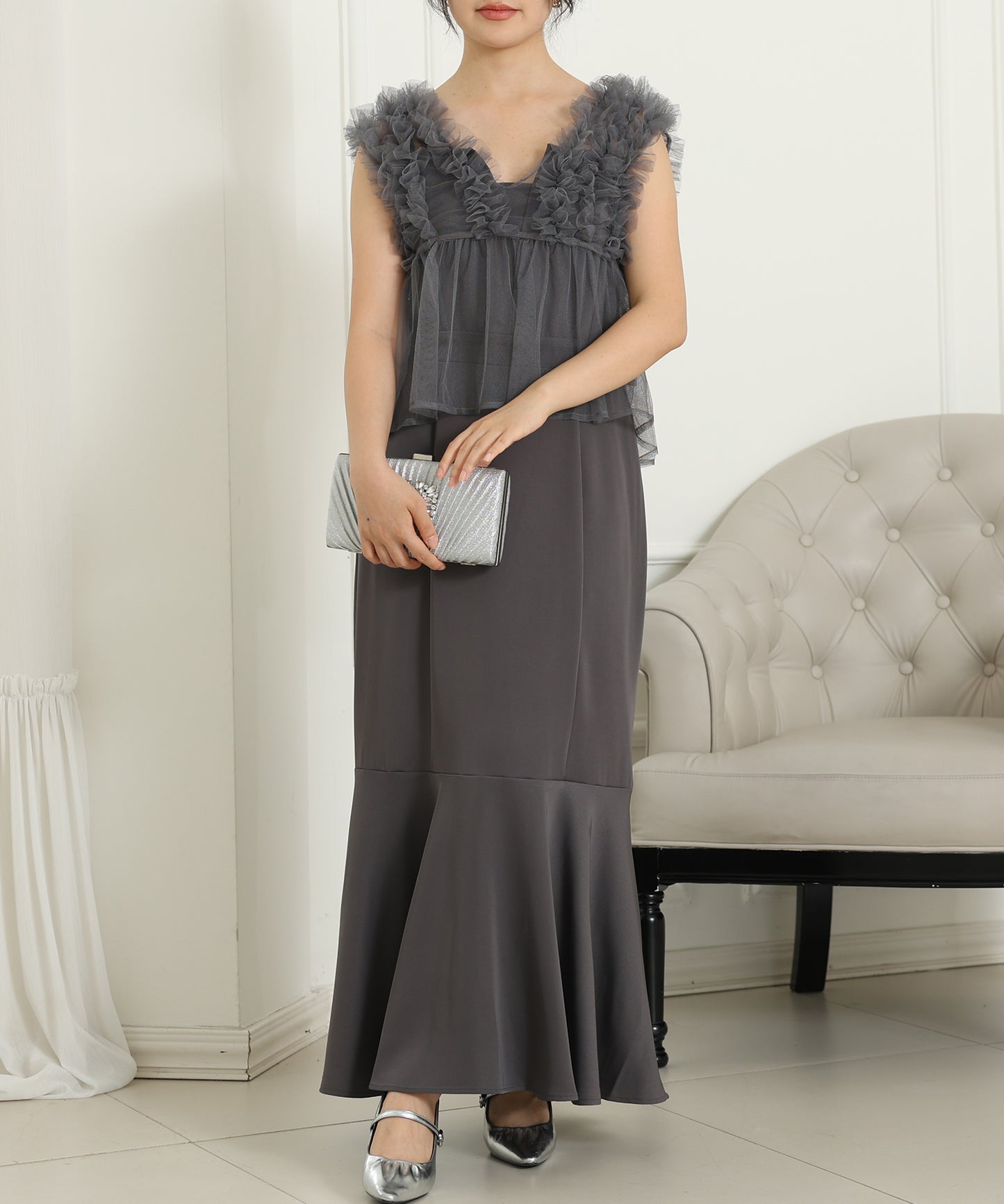 オーガンジー フリル ペプラム レイヤード ロング ドレス