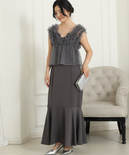 オーガンジー フリル ペプラム レイヤード ロング ドレス