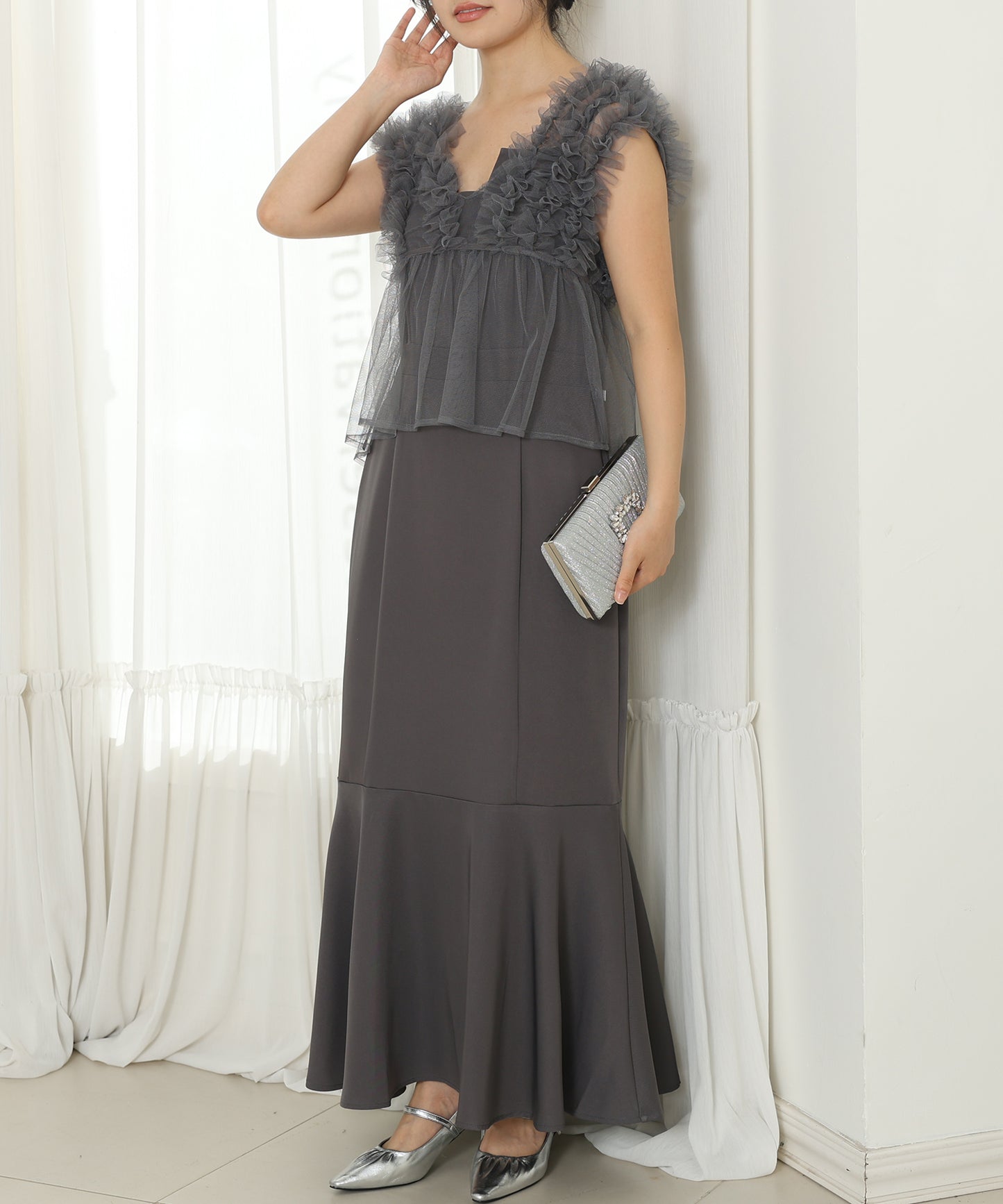 オーガンジー フリル ペプラム レイヤード ロング ドレス