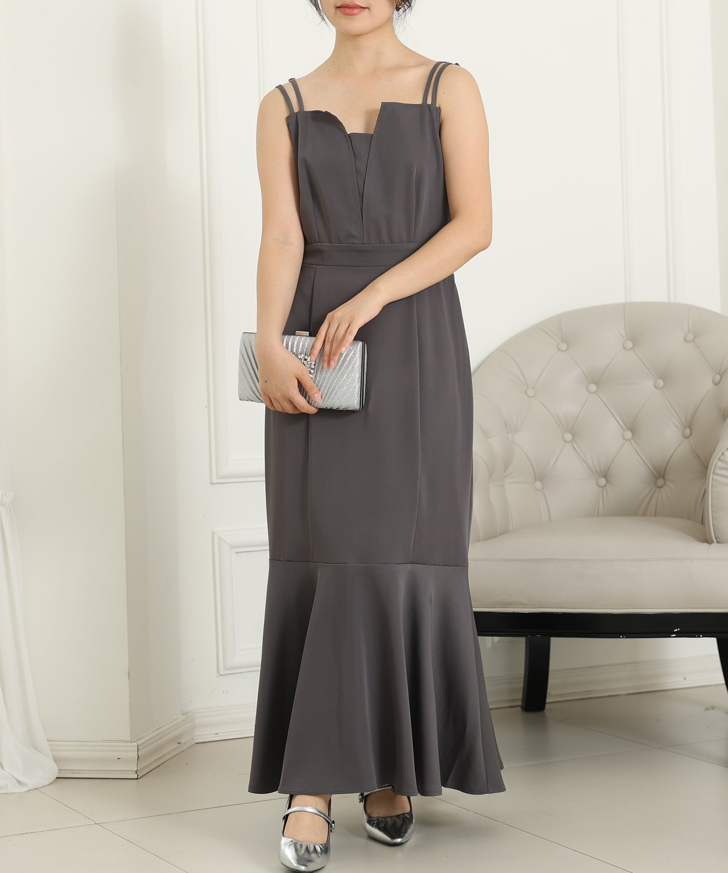 オーガンジー フリル ペプラム レイヤード ロング ドレス