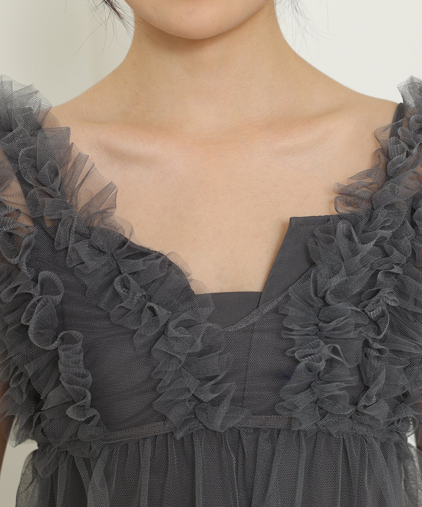 オーガンジー フリル ペプラム レイヤード ロング ドレス