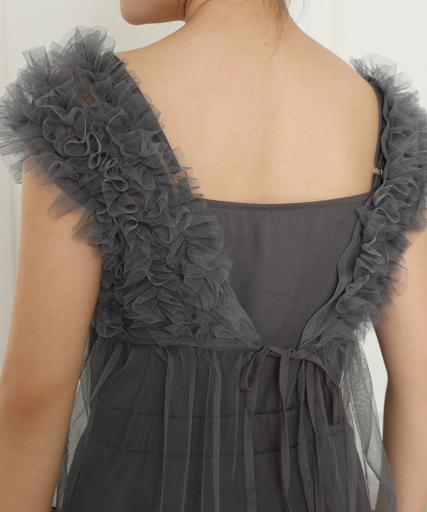 オーガンジー フリル ペプラム レイヤード ロング ドレス