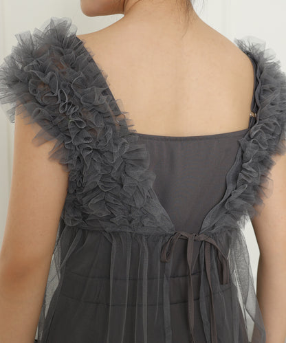 オーガンジー フリル ペプラム レイヤード ロング ドレス