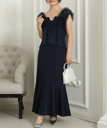 オーガンジー フリル ペプラム レイヤード ロング ドレス