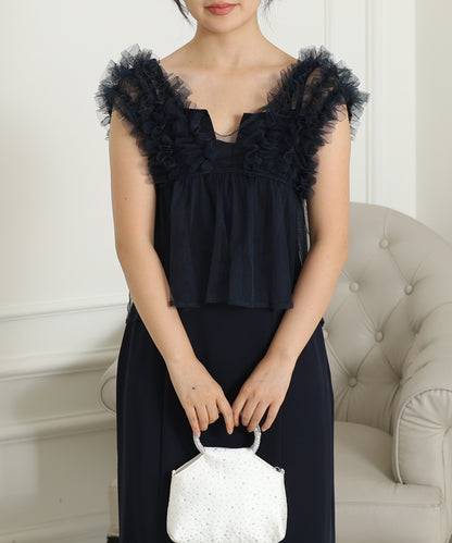 オーガンジー フリル ペプラム レイヤード ロング ドレス