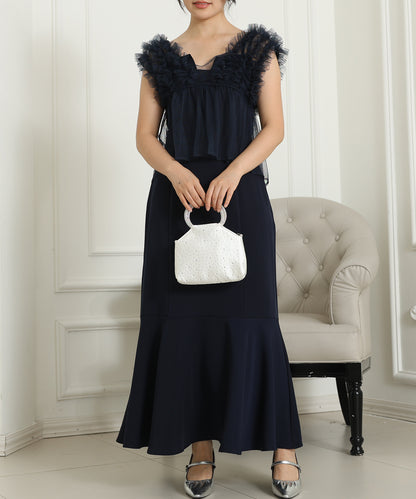 オーガンジー フリル ペプラム レイヤード ロング ドレス