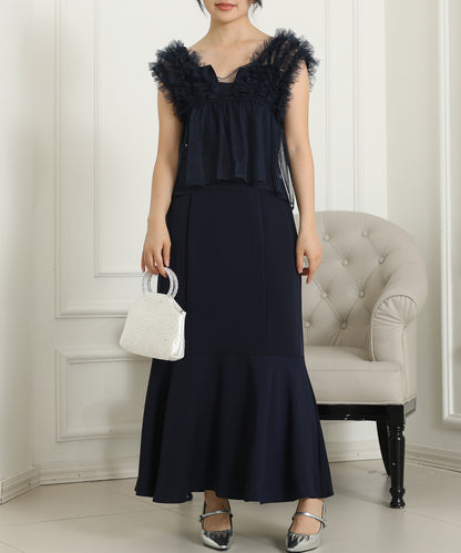 オーガンジー フリル ペプラム レイヤード ロング ドレス