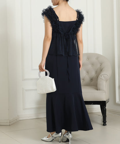 オーガンジー フリル ペプラム レイヤード ロング ドレス