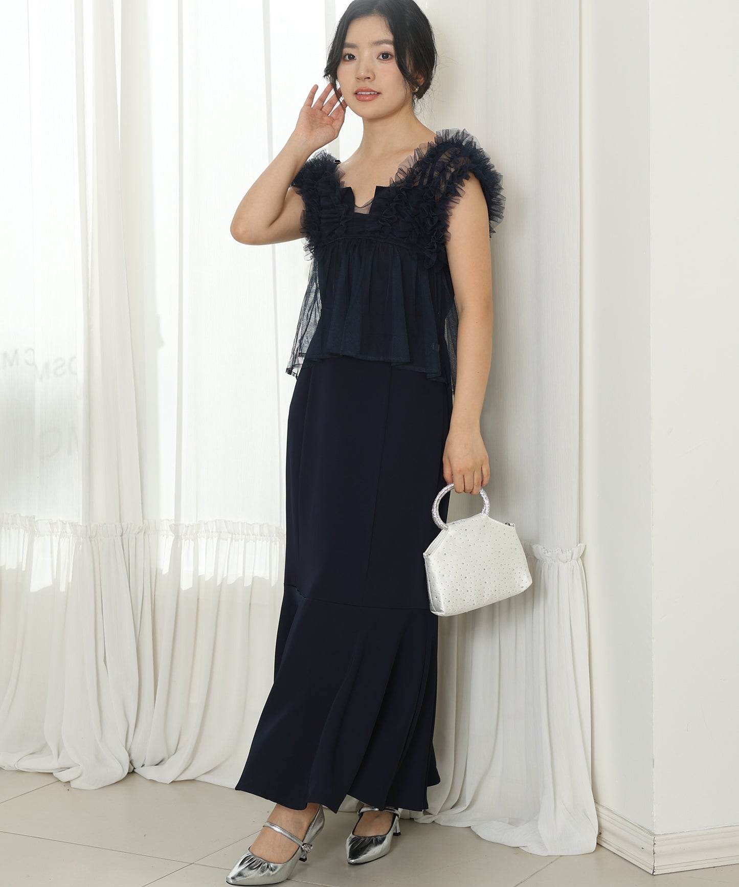 オーガンジー フリル ペプラム レイヤード ロング ドレス