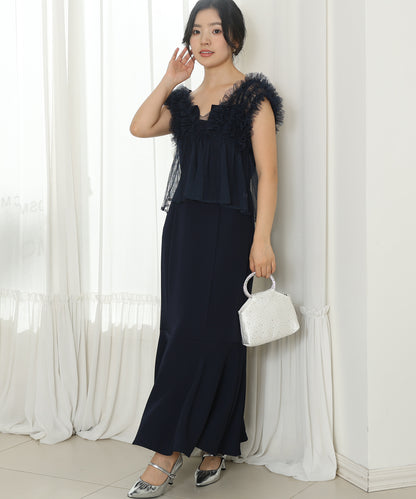 オーガンジー フリル ペプラム レイヤード ロング ドレス