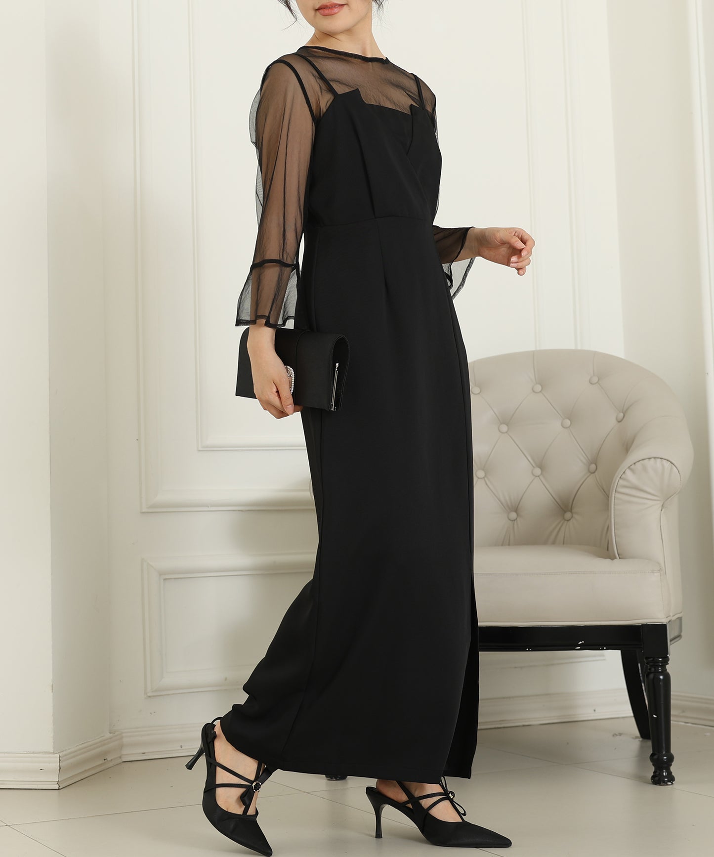 シアー レイヤード スリット入り キャミソール ドレス