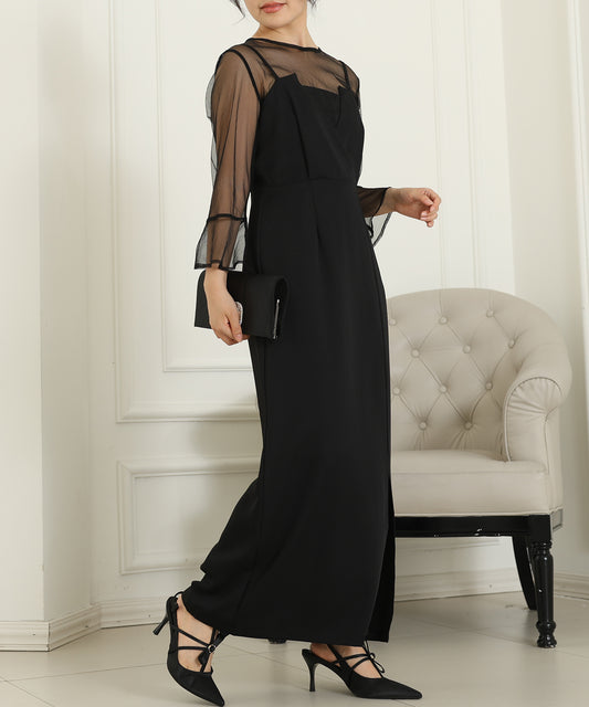 シアー レイヤード スリット入り キャミソール ドレス