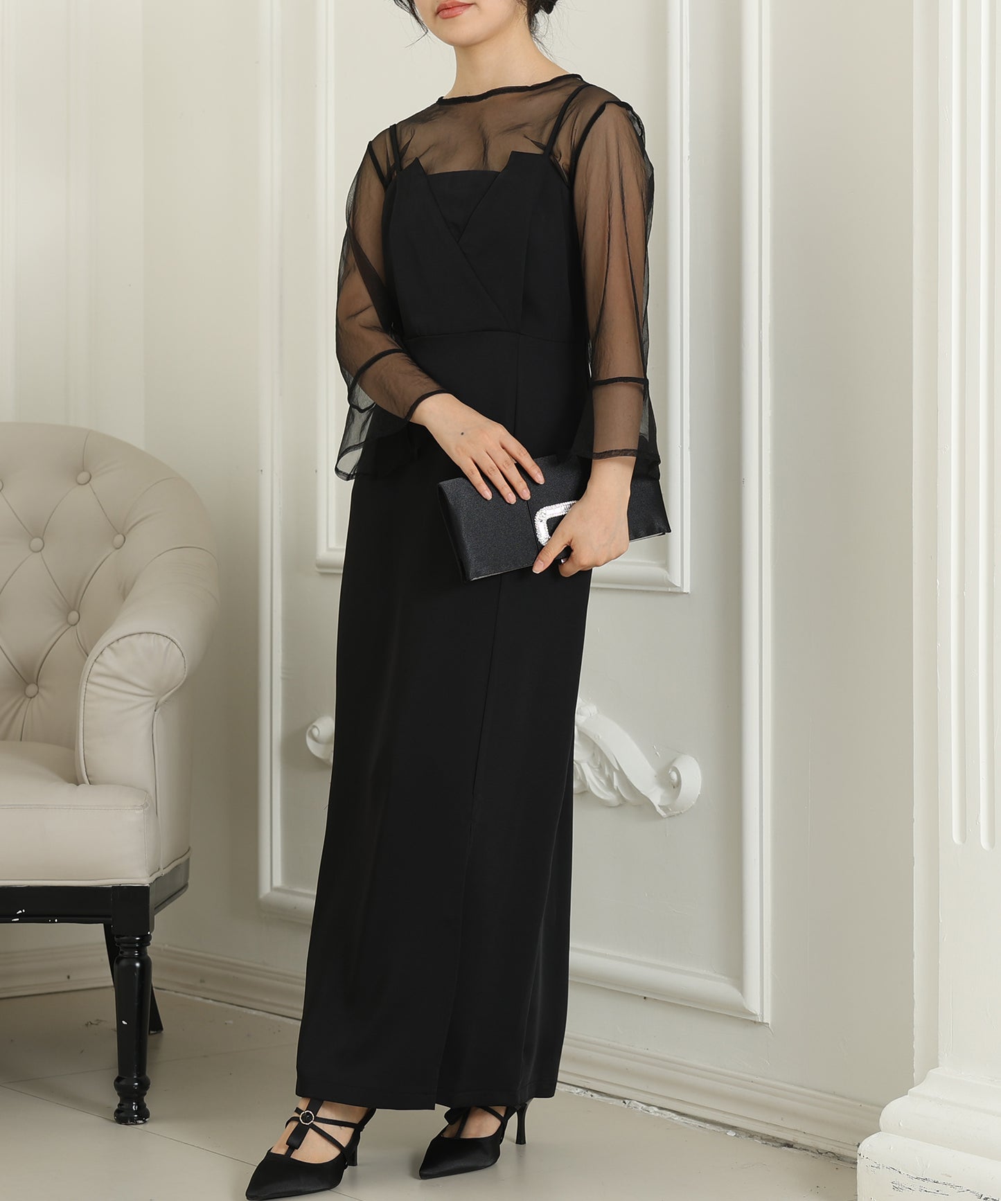 シアー レイヤード スリット入り キャミソール ドレス