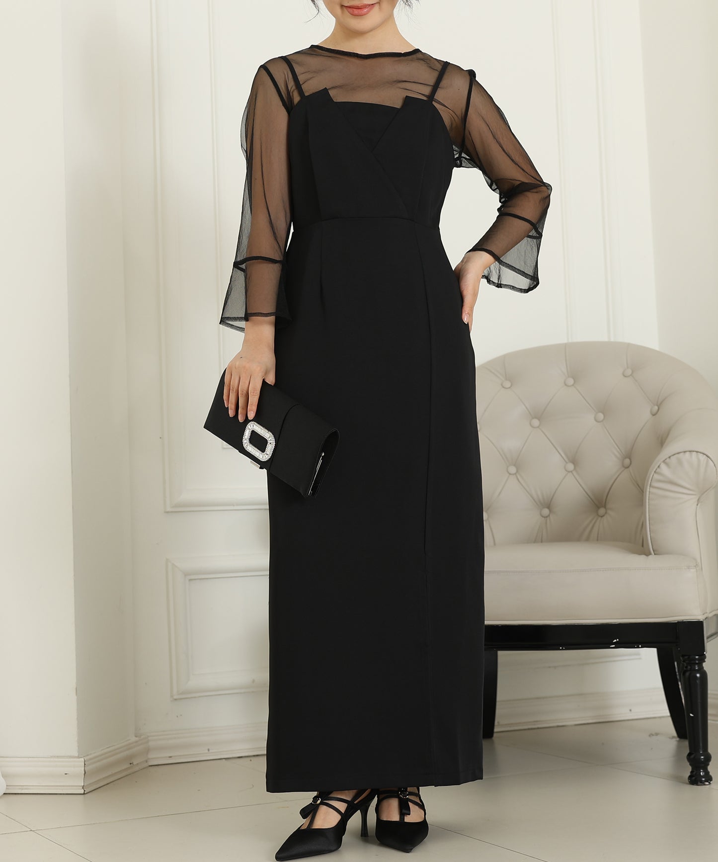 シアー レイヤード スリット入り キャミソール ドレス