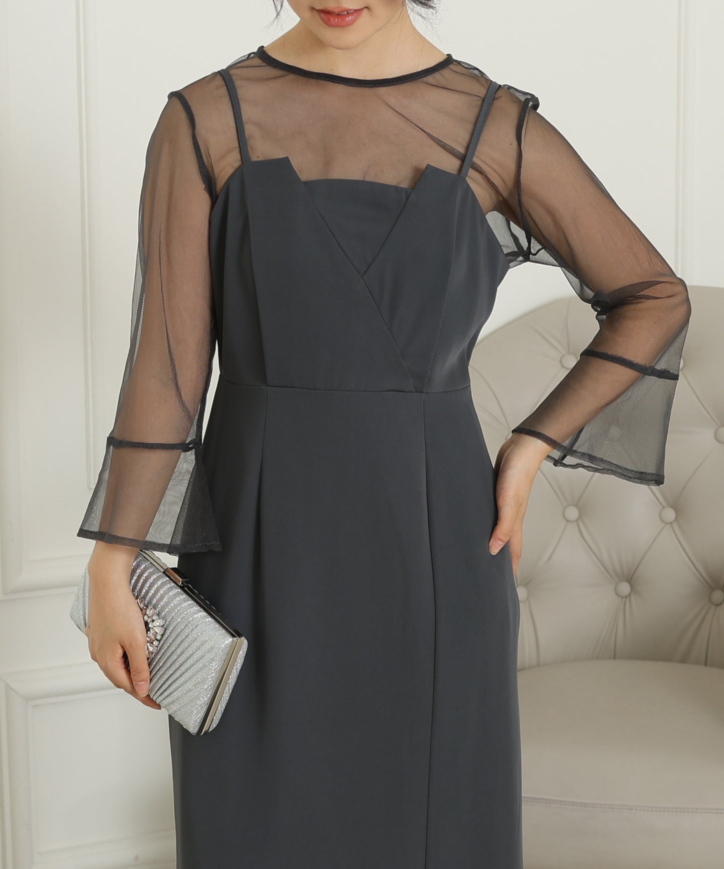 シアー レイヤード スリット入り キャミソール ドレス