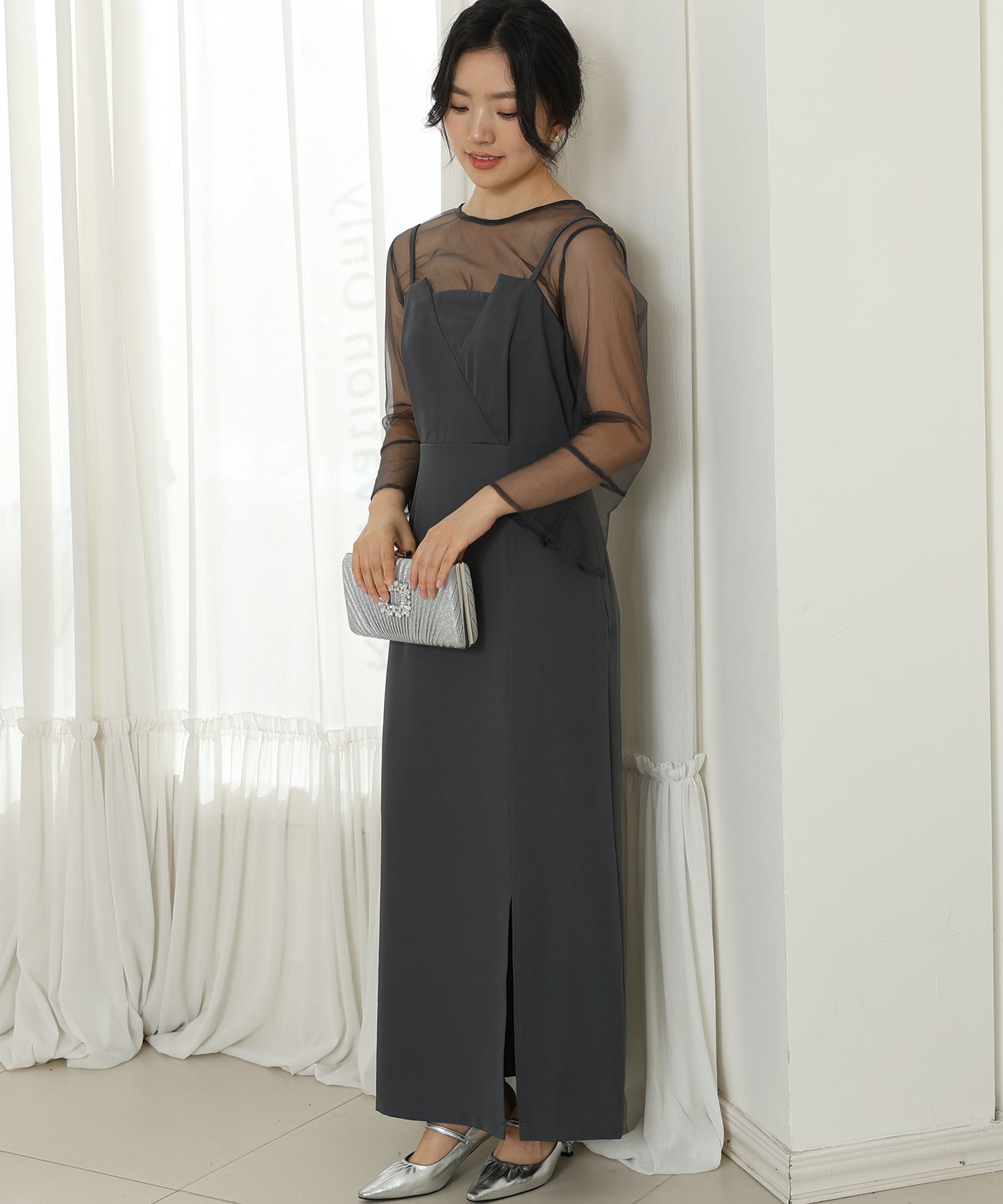 シアー レイヤード スリット入り キャミソール ドレス