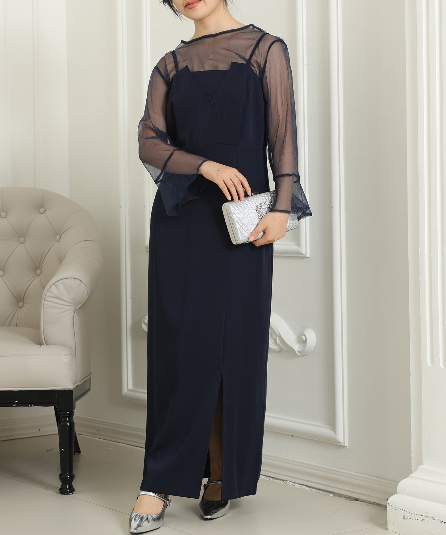 シアー レイヤード スリット入り キャミソール ドレス