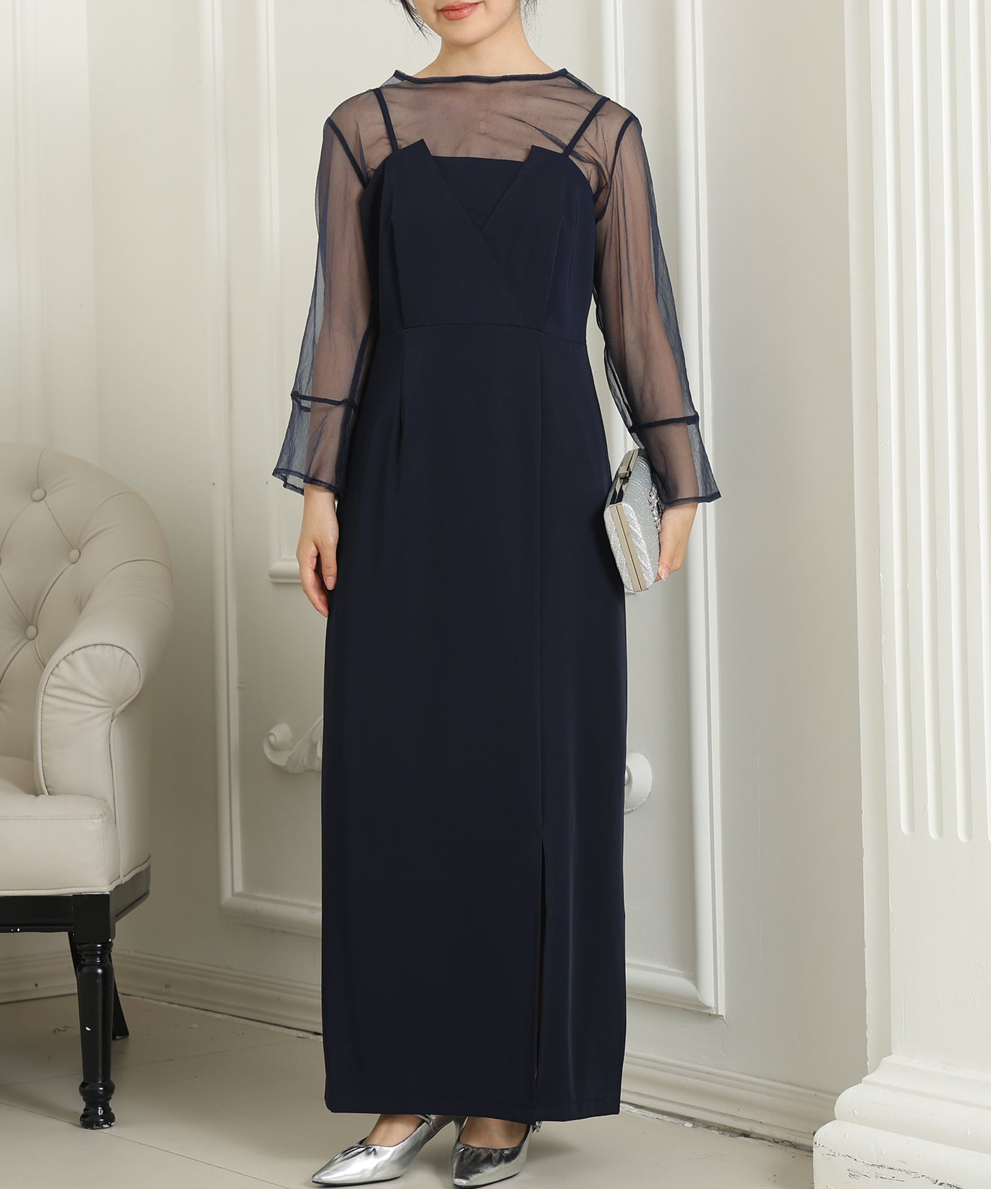 シアー レイヤード スリット入り キャミソール ドレス